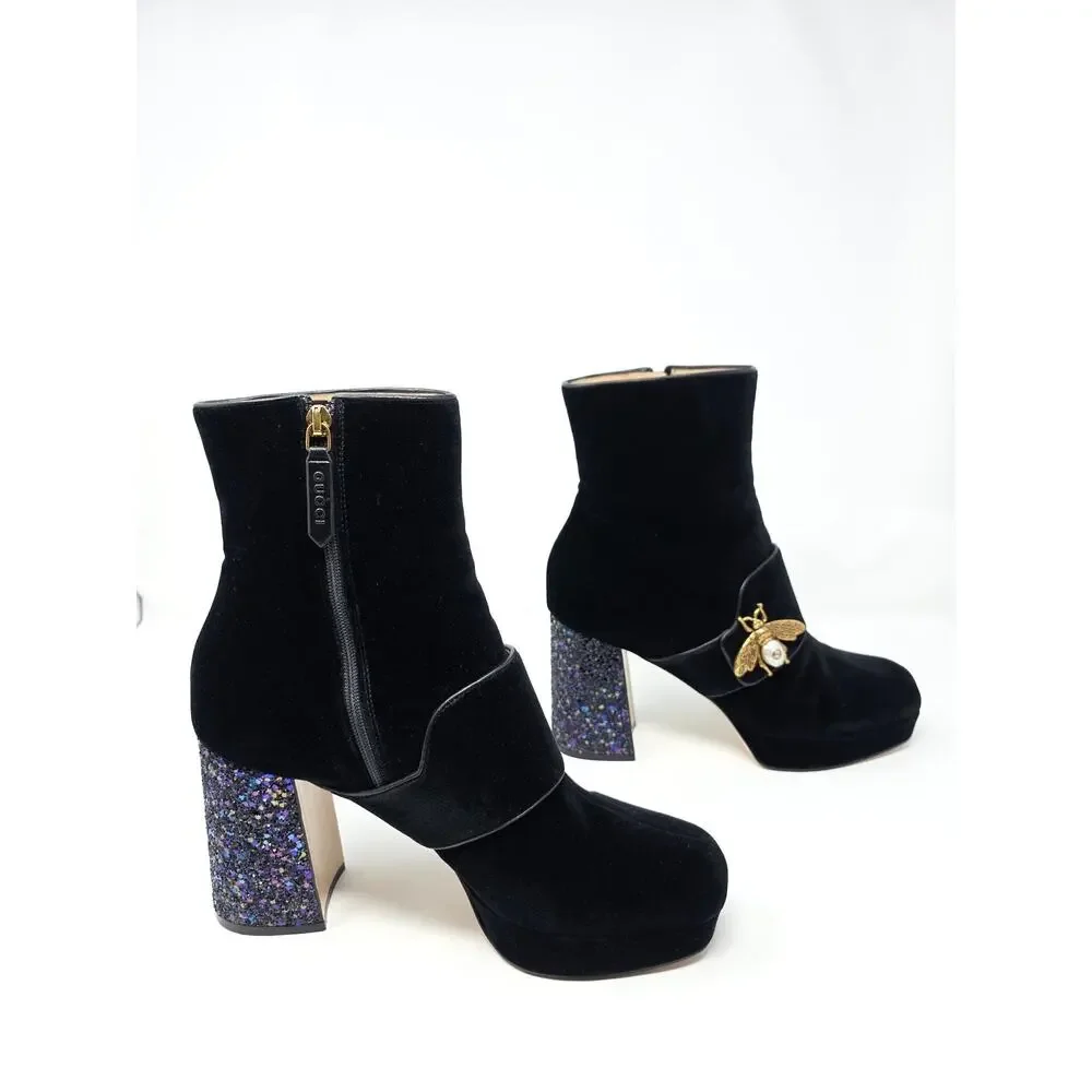 Gucci Platform Soko Bee GG Logo Ankle Boots Black Velvet Square Toe 40.5 10.5